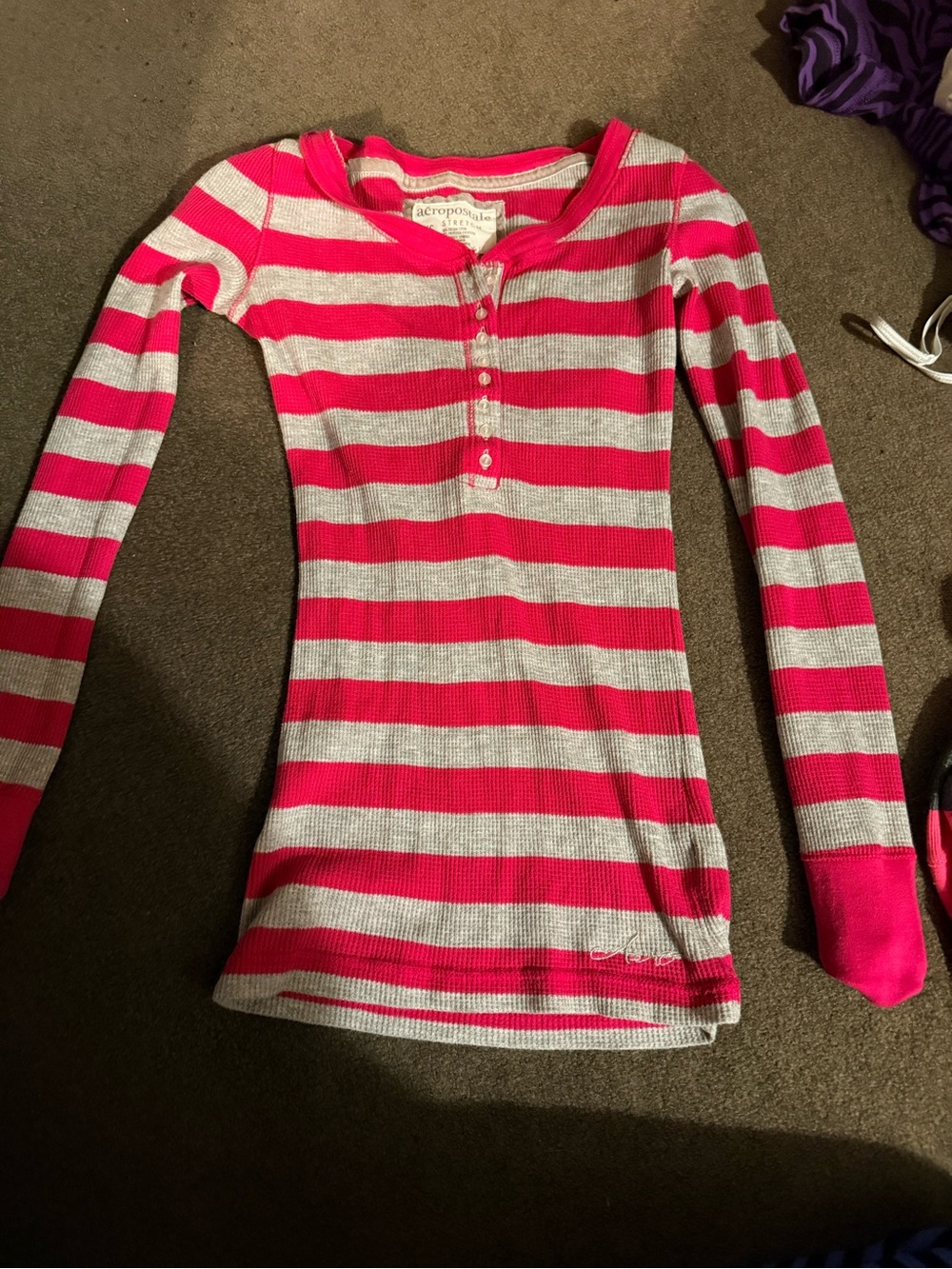 Aeropostale Womens Pink and White Striped Henley Top